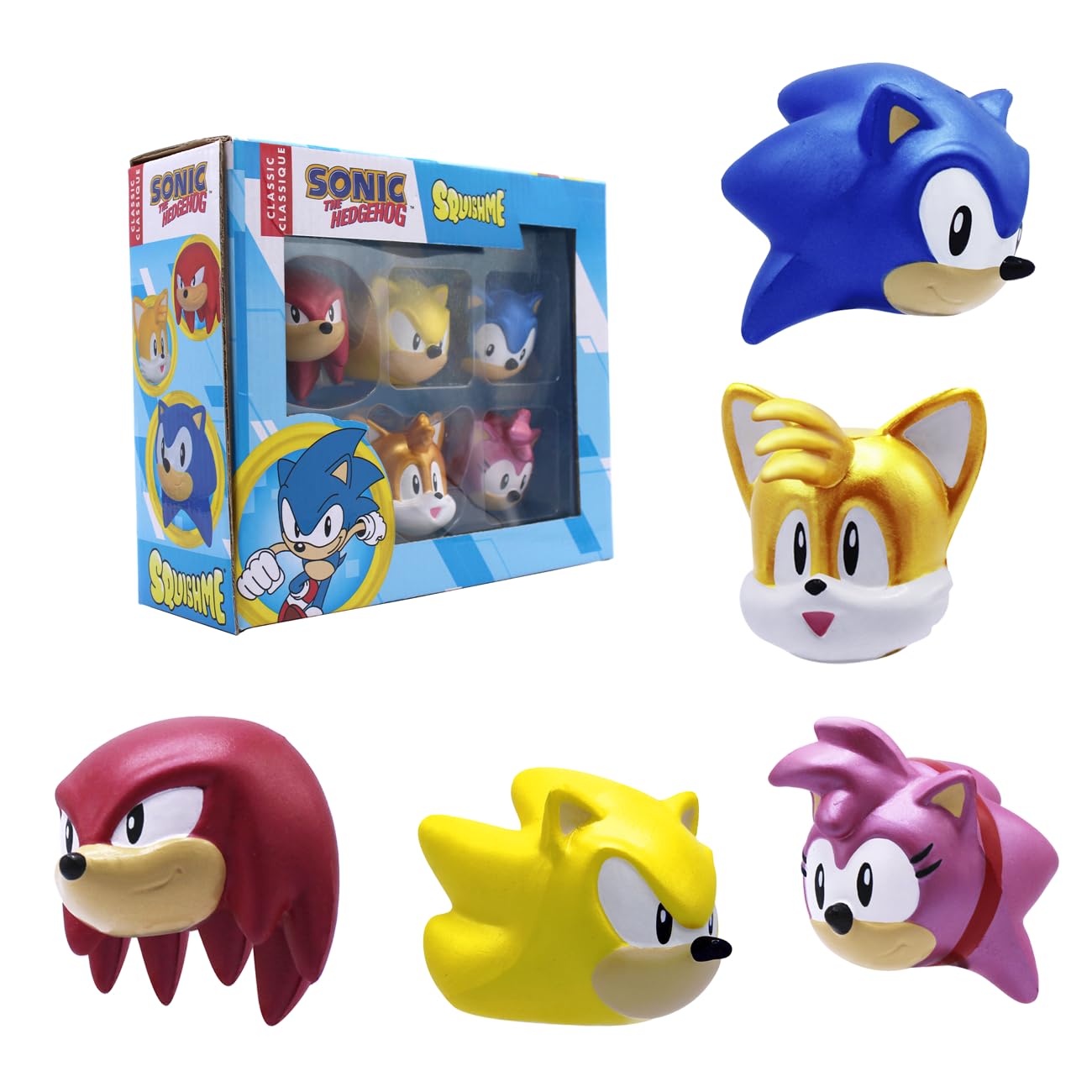 Sonic The Hedgehog SquishMe Series 1 Collector’s Box – 5‑Pack PU Foam Squishy Set | Includes Sonic, Tails, Knuckles, Amy Rose, Super Sonic | Strawberry‑Scented Stress & Fidget Toys