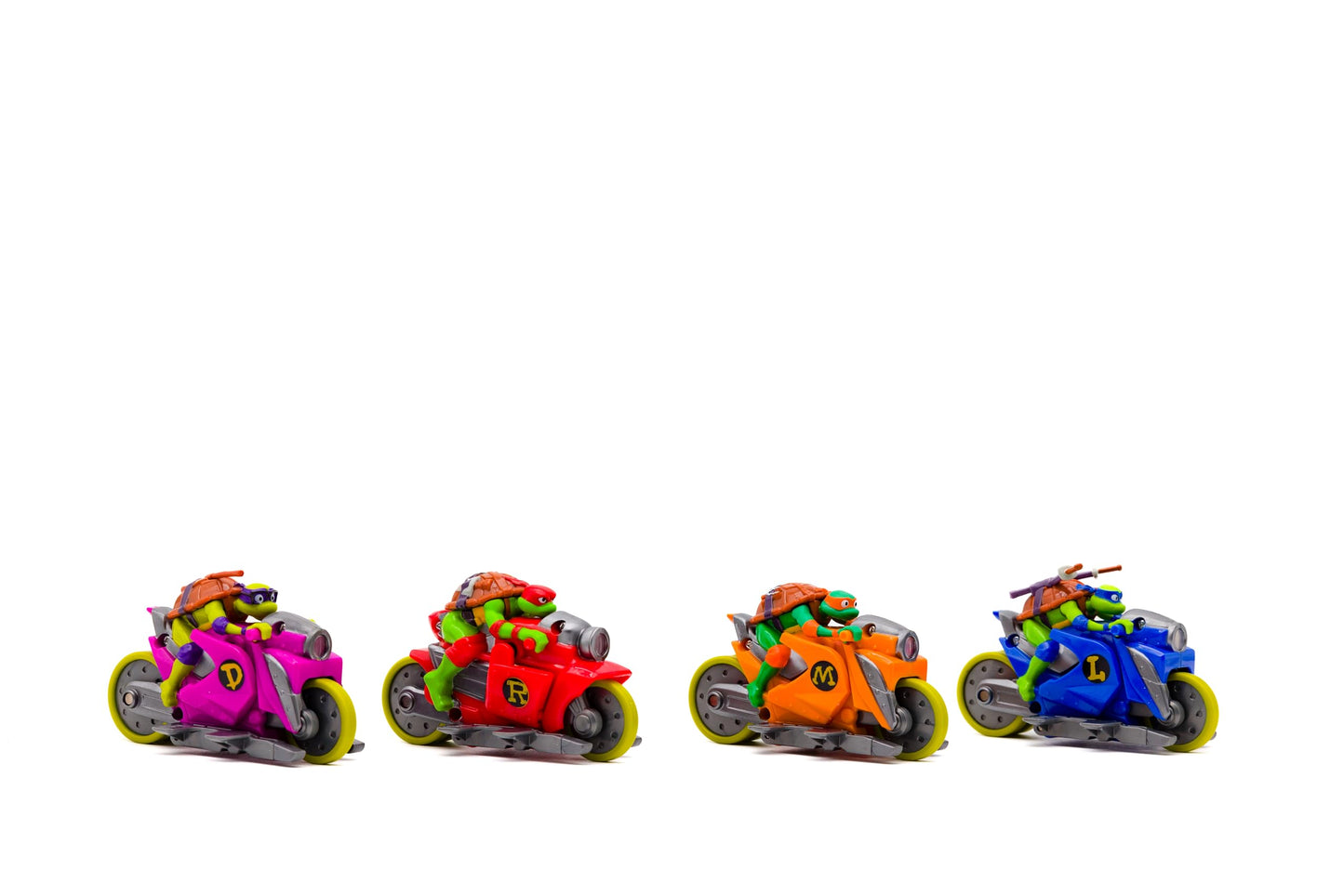 Teenage Mutant Ninja Turtles Backflip Riders 4-Pack, TMNT Rev-Up Motorcycle Toy Vehicles with Backflip Stunt Action, Rubber Tires, Mutant Mayhem Toy Set for Kids Ages 5+
