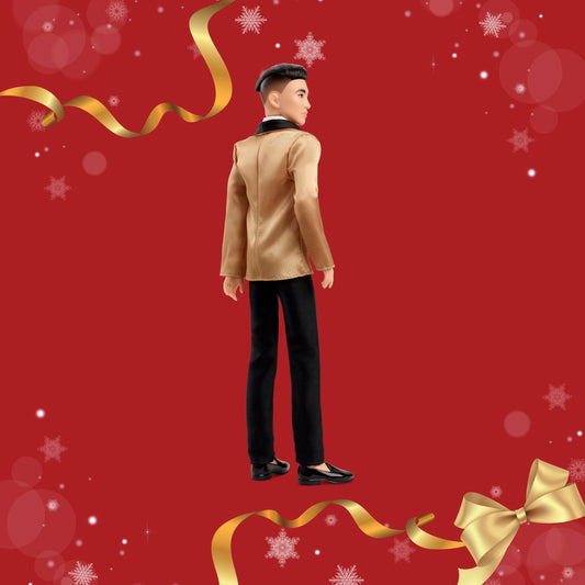 Barbie Signature 2025 Holiday Black Hair Ken Collectible Fashion Doll Wearing Full Suit with Golden Jacket in Displayable Packaging & Doll Stand