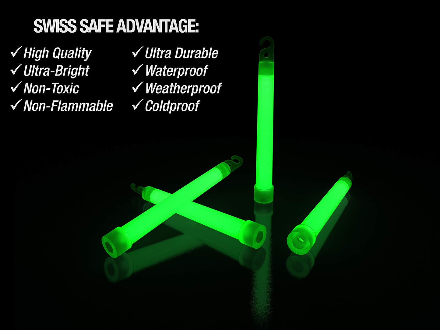 Swiss Safe Premium 6" Glow Sticks - Extra Bright, 12+ Hour Duration, Emergency Ready (Green 12-Pack)