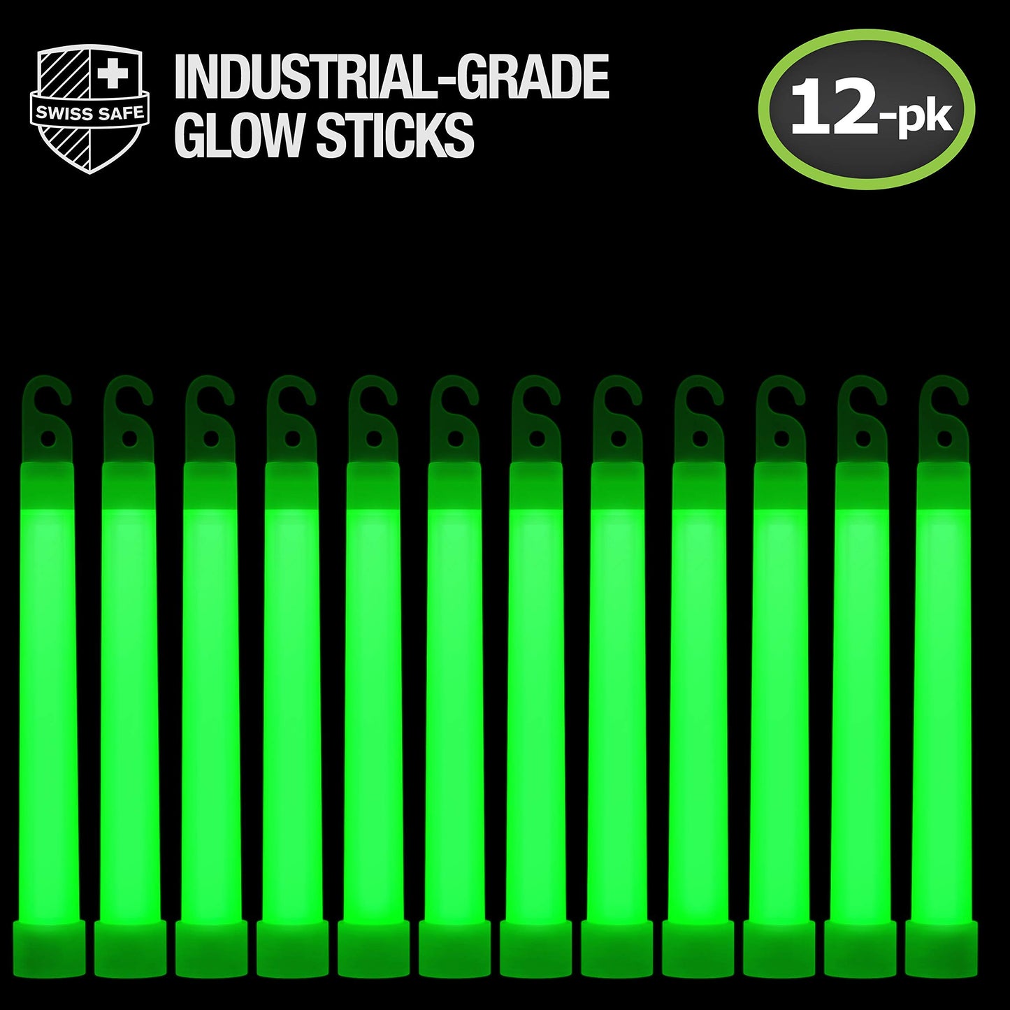 Swiss Safe Premium 6" Glow Sticks - Extra Bright, 12+ Hour Duration, Emergency Ready (Green 12-Pack)
