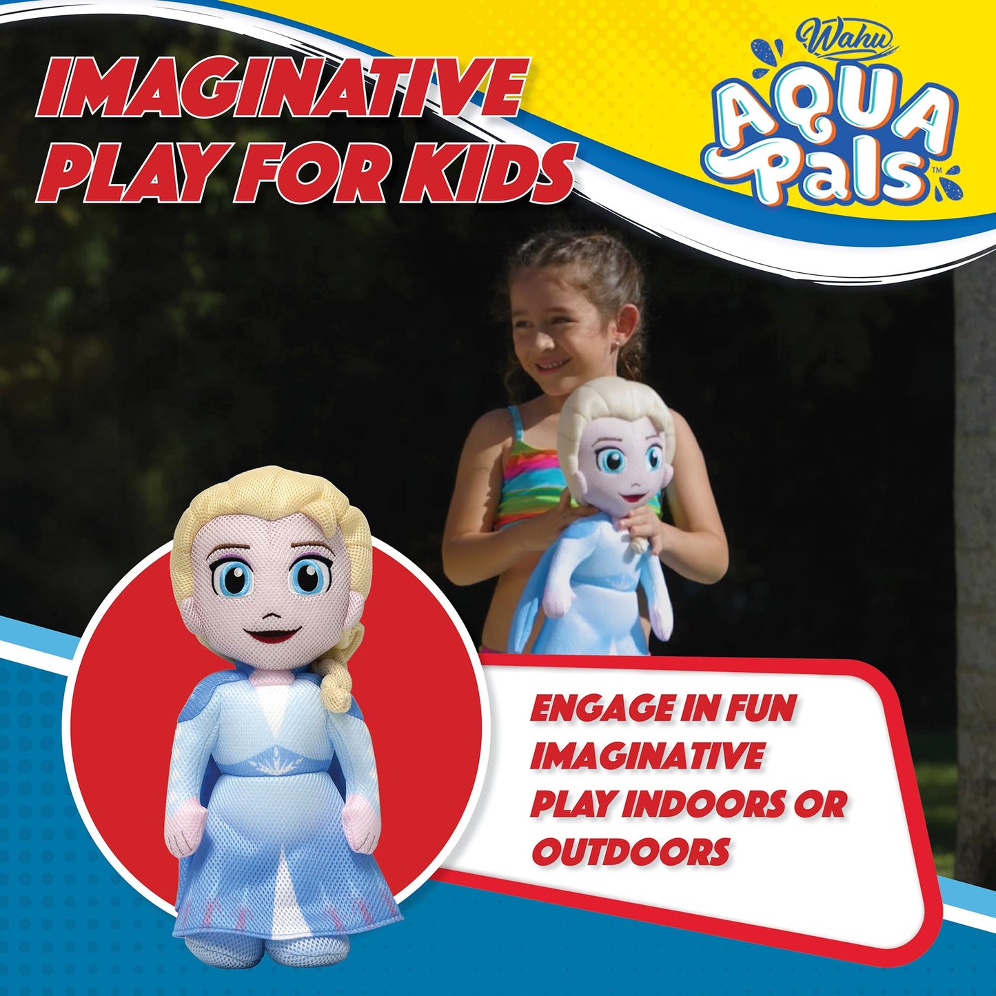 Wahu Aqua Pals Disney Classic Elsa Plush Water Toy for Kids Ages 2+, Fast-Drying Waterproof Plush Doll Toy for Pool and Bathtub, Medium, Blue/White, 16"