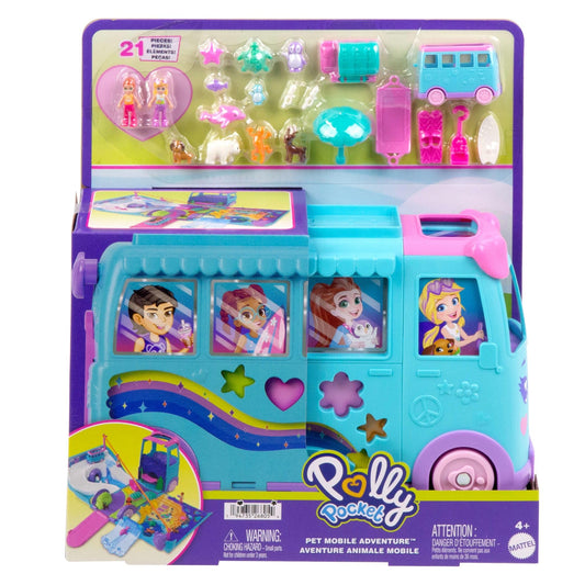 Polly Pocket Micro Dolls and Transforming Camper Van Vehicle, Accessories Include Pets and Toy Car, Pet Mobile Adventure Playset
