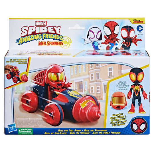 Marvel Spidey and His Amazing Friends Web-Spinners Miles with Drill Spinner, Car Playset with Vehicle, 4-Inch Scale Action Figure and Accessory, Toy Cars for Kids 3 and Up
