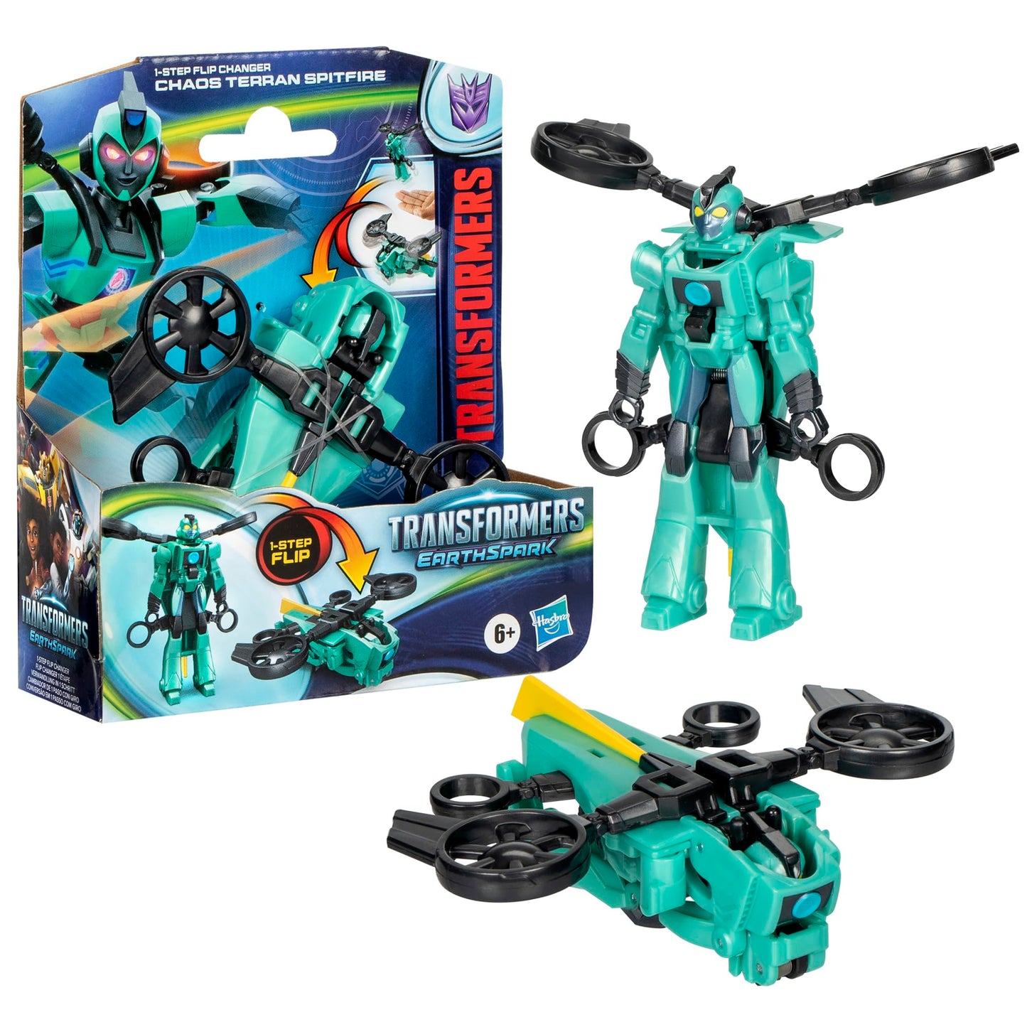 Transformers EarthSpark 1-Step Flip Changer Chaos Terran Spitfire, 4-Inch Converting Robot Action Figure, Interactive Toys for Boys and Girls 6 and Up