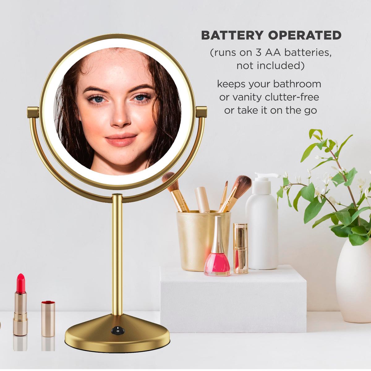 Conair Lighted LED Vanity Mirror 1X/10X Magnifying Brushed Brass