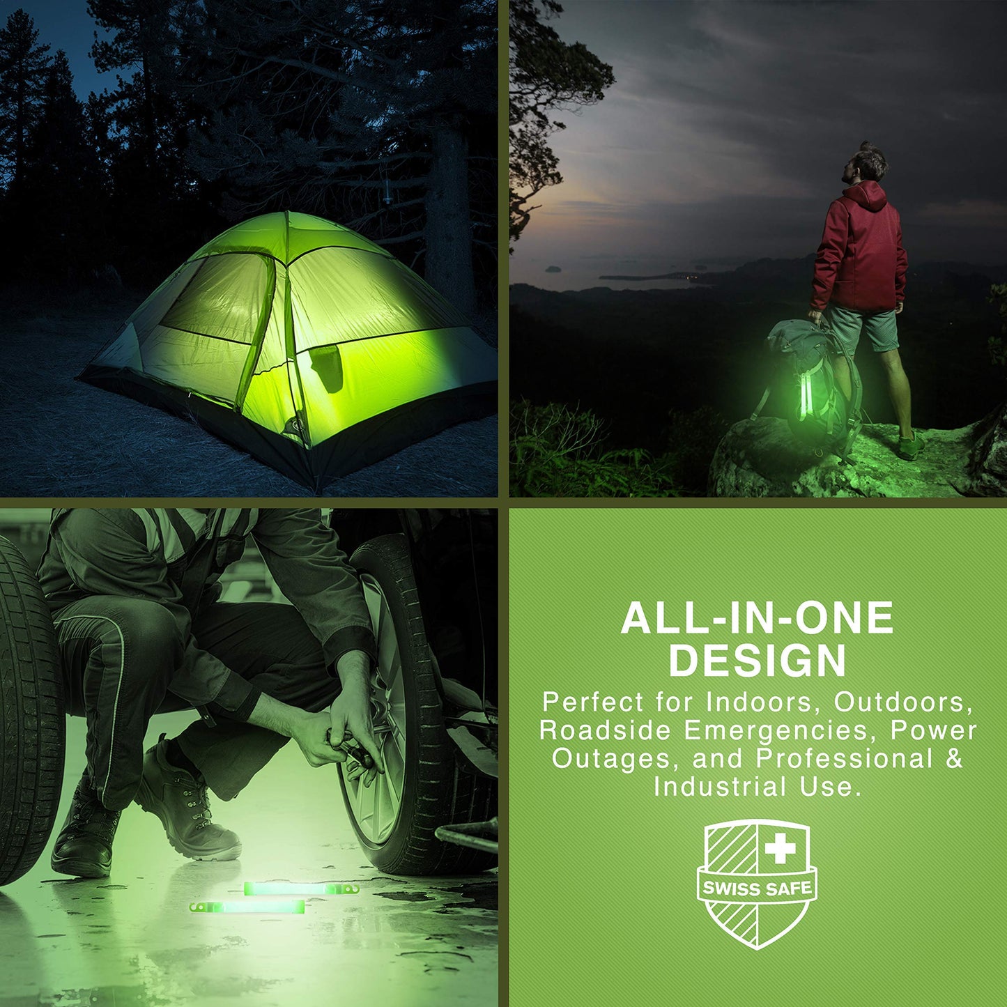 Swiss Safe Premium 6" Glow Sticks - Extra Bright, 12+ Hour Duration, Emergency Ready (Green 12-Pack)